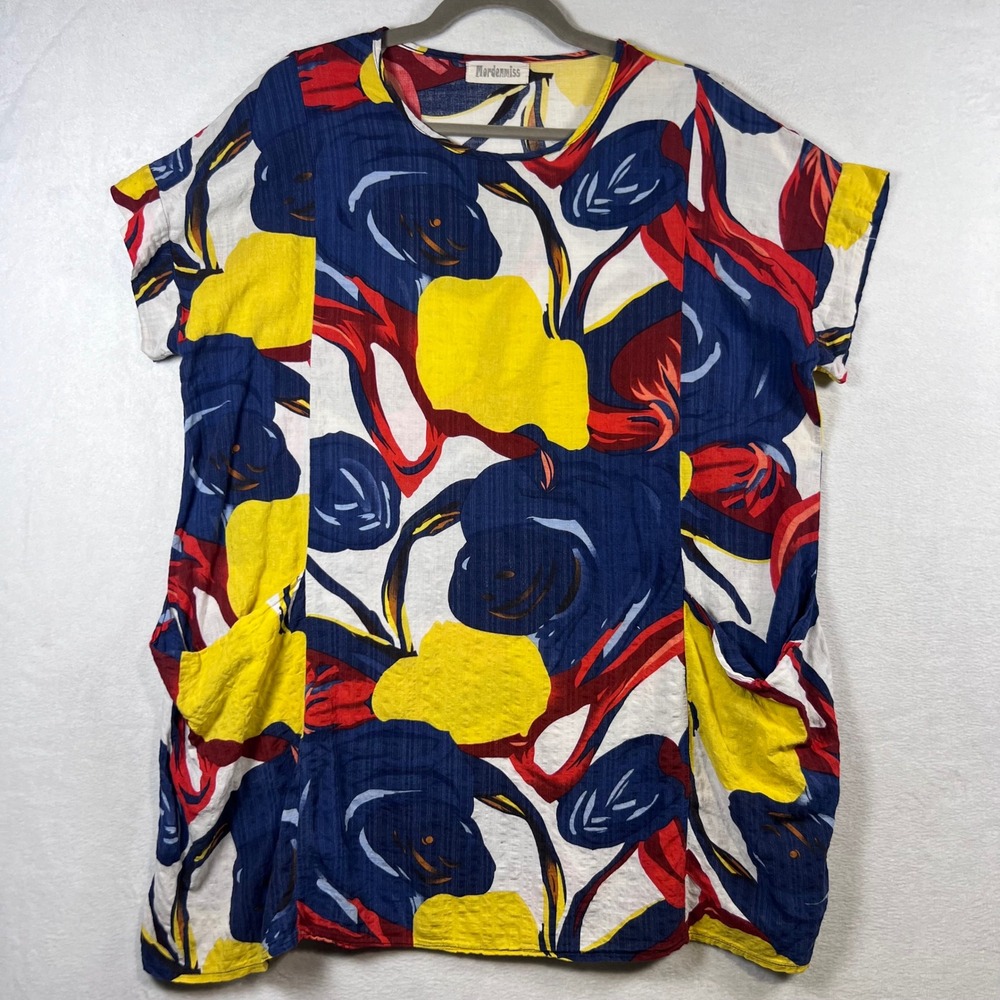 Mordenmiss Abstract Floral Tunic Top Blue Yellow Red Pockets Boxy L XL Boho